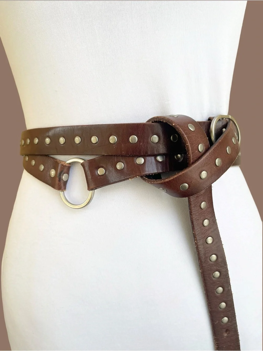 Silpada Designs Brown Studded Leather Belt Double Wrap O Ring Boho 90s Size L